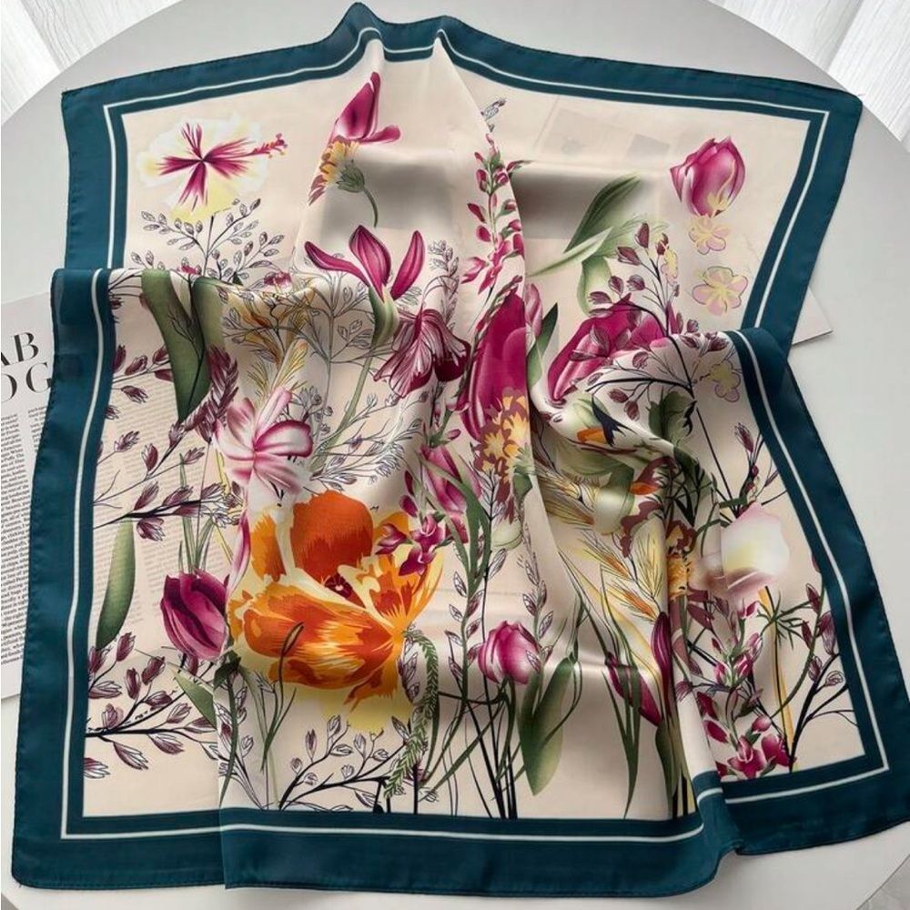 Floral Scarf with Blue Border M632
